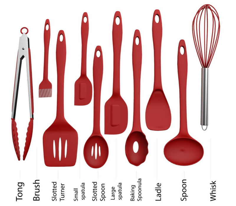 RED 10 PIECE HARD SILICON UTENSIL SET